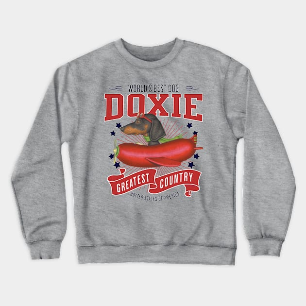 Funny Doxie with red white and blue plane Dachshund in Sausage plane USA Crewneck Sweatshirt by Danny Gordon Art